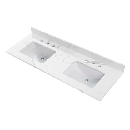WOODBRIDGE 61" x 22" Vanity Top with Double Under Mount Rectangle Bowls, Fish Belly Engineered stone, Pre-drilled with 3-hole for 8-inch Widespread Faucet set up Option