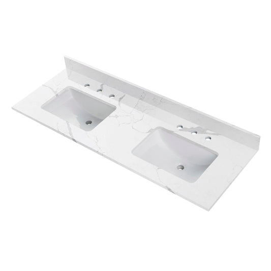WOODBRIDGE 61" x 22" Vanity Top with Double Under Mount Rectangle Bowls, Fish Belly Engineered stone, Pre-drilled with 3-hole for 4-inch Centerset Faucet set up Option
