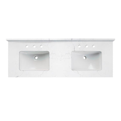 WOODBRIDGE 61" x 22" Vanity Top with Double Under Mount Rectangle Bowls, Fish Belly Engineered stone, Pre-drilled with 3-hole for 8-inch Widespread Faucet set up Option