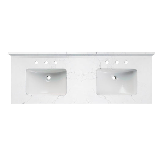 WOODBRIDGE 61" x 22" Vanity Top with Double Under Mount Rectangle Bowls, Fish Belly Engineered stone, Pre-drilled with 3-hole for 8-inch Widespread Faucet set up Option