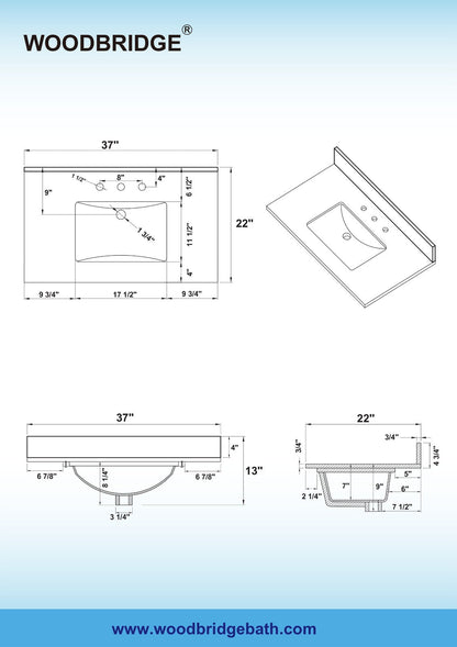 WOODBRIDGE 37" x22" Vanity Top with Single Under Mount Rectangle Bowl, Dark Gray Engineered stone, Pre-drilled with 3-hole for 8-inch Widespread Faucet set up Option