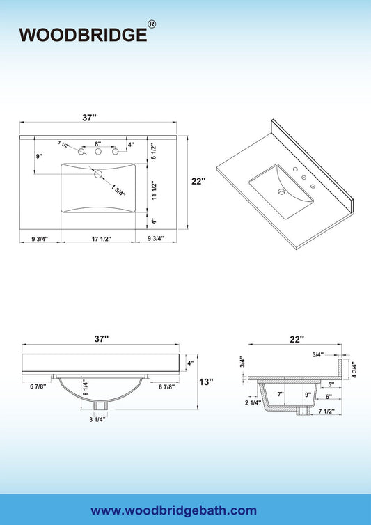 WOODBRIDGE 37" x22" Vanity Top with Single Under Mount Rectangle Bowl, Dark Gray Engineered stone, Pre-drilled with 3-hole for 8-inch Widespread Faucet set up Option