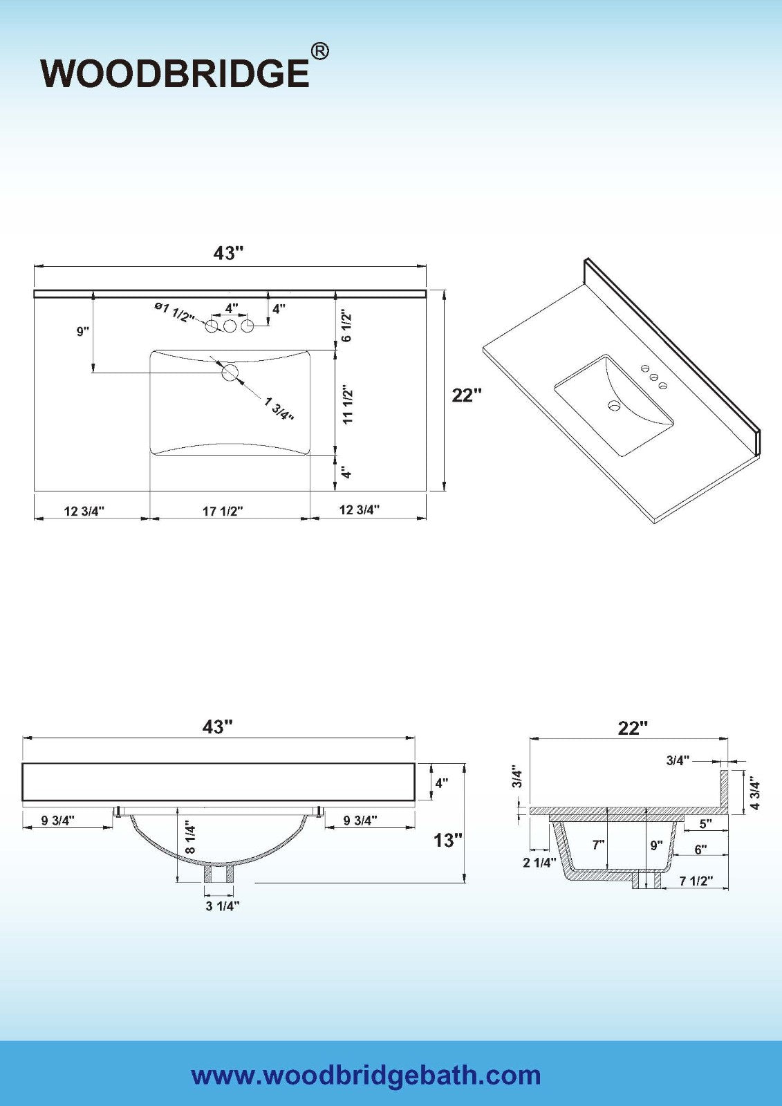 WOODBRIDGE 43" x22" Vanity Top with Single Under Mount Rectangle Bowl, Dark Gray Engineered stone, Pre-drilled with 3-hole for 4-inch Centerset Faucet set up Option