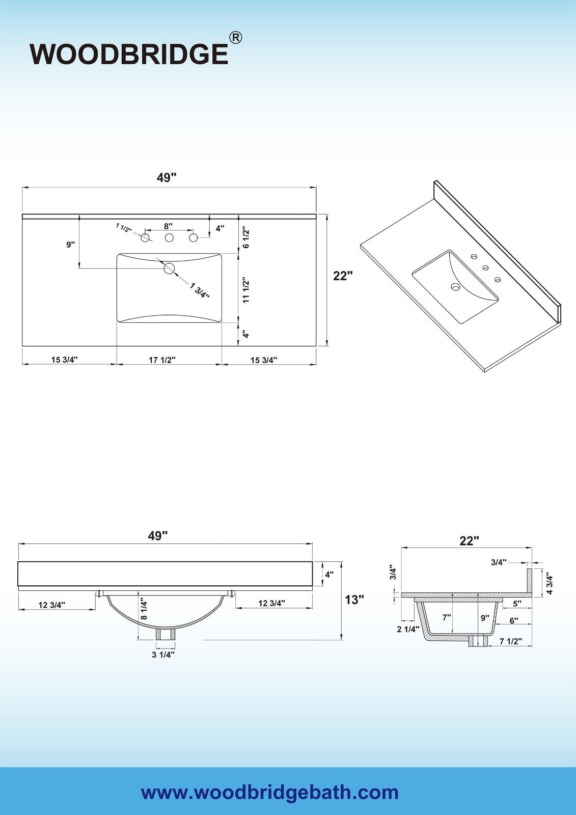 WOODBRIDGE 49"x22" Vanity Top with Single Under Mount Rectangle Bowl, Dark Gray Engineered stone, Pre-drilled with 3-hole for 8-inch Widespread Faucet set up Option
