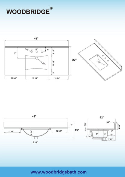 WOODBRIDGE 49"x22" Vanity Top with Single Under Mount Rectangle Bowl, Dark Gray Engineered stone, Pre-drilled with 3-hole for 8-inch Widespread Faucet set up Option