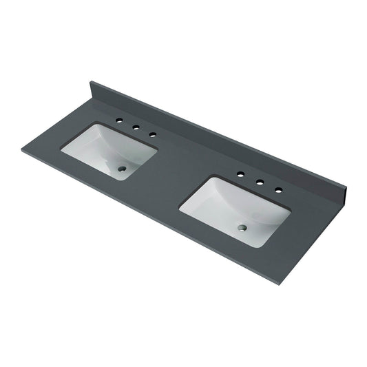 WOODBRIDGE 61" x 22" Vanity Top with Double Under Mount Rectangle Bowls, Dark Gray Engineered stone, Pre-drilled with 3-hole for 4-inch Centerset Faucet set up Option