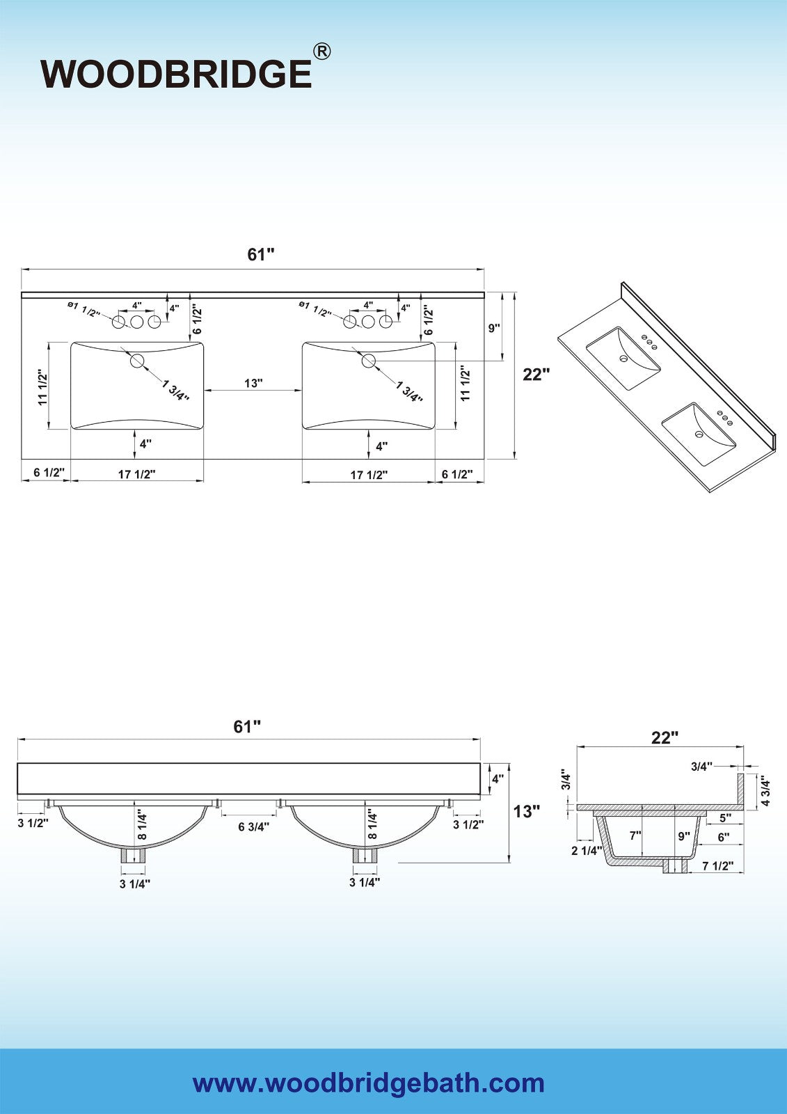 WOODBRIDGE 61" x 22" Vanity Top with Double Under Mount Rectangle Bowls, Dark Gray Engineered stone, Pre-drilled with 3-hole for 4-inch Centerset Faucet set up Option