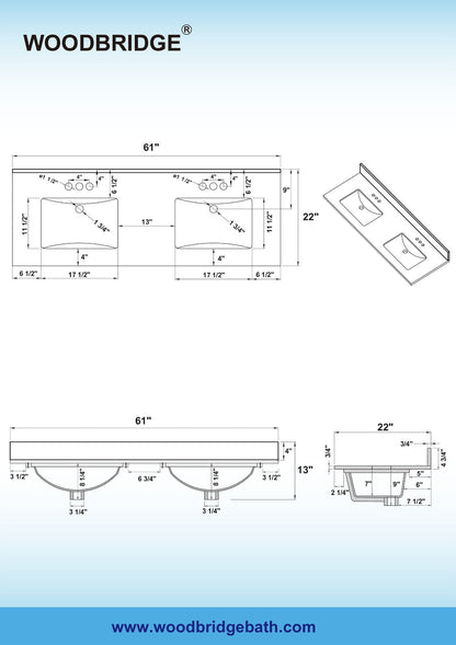WOODBRIDGE 61" x 22" Vanity Top with Double Under Mount Rectangle Bowls, Dark Gray Engineered stone, Pre-drilled with 3-hole for 4-inch Centerset Faucet set up Option