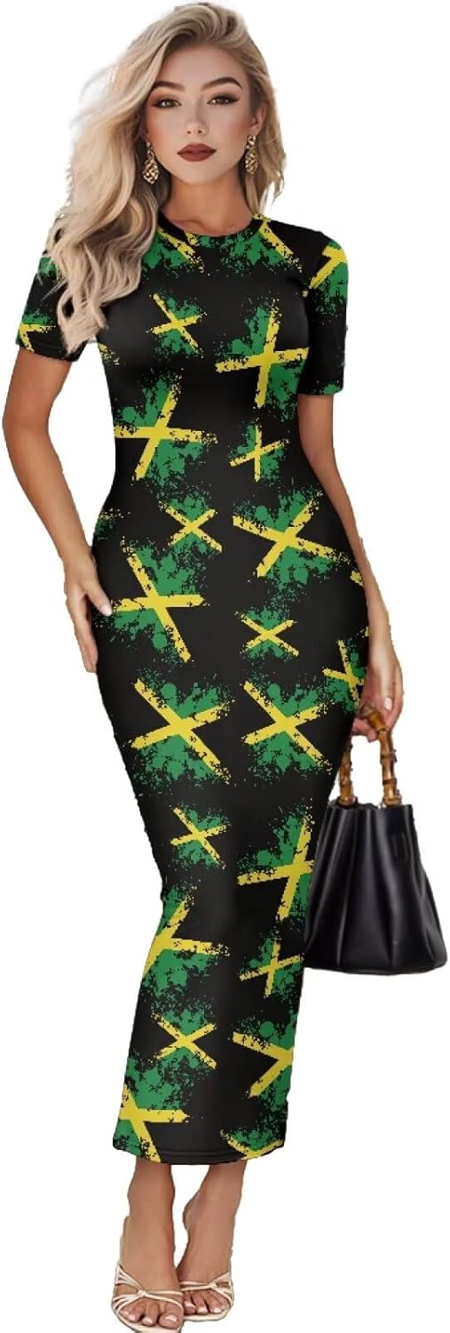 Women's Jamaican Flag Bodycon Midi Dress Short Sleeve