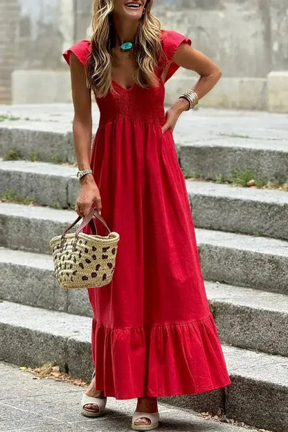 Black V Neck Flutter Sleeve Smocked Bodice High Waist Ruffle Maxi Dress