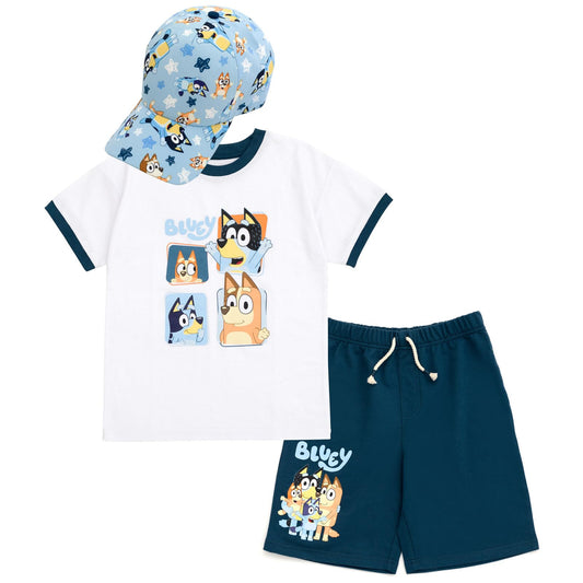 Bluey 3-Piece Kids Outfit Set - T-Shirt, Shorts & Baseball Cap for Toddlers to Big Kids