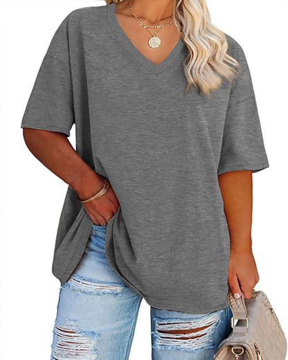 Cato Fashions Online - Women's Plus Size V-Neck Cotton T-Shirts - Summer Half Sleeve Casual Loose Fit Tunic Tops