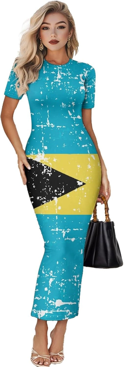 Women's Jamaican Flag Bodycon Midi Dress Short Sleeve