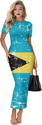 Women's Jamaican Flag Bodycon Midi Dress Short Sleeve