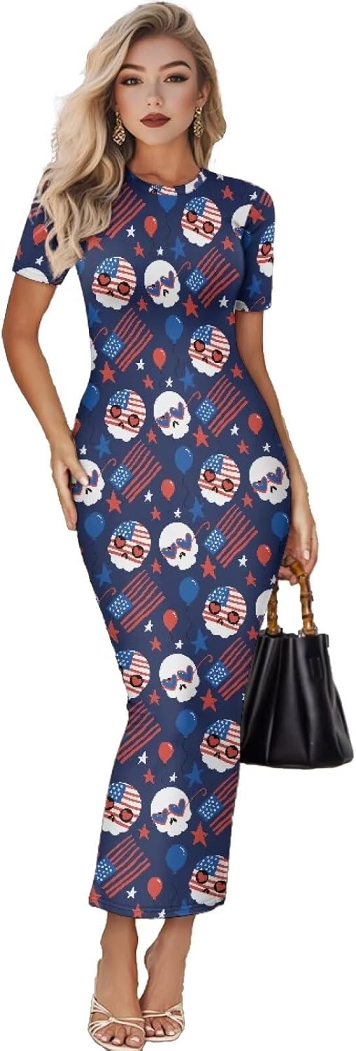 Women's Jamaican Flag Bodycon Midi Dress Short Sleeve