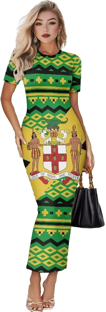 Women's Jamaican Flag Bodycon Midi Dress Short Sleeve