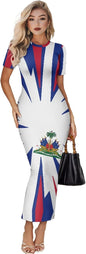 Women's Jamaican Flag Bodycon Midi Dress Short Sleeve