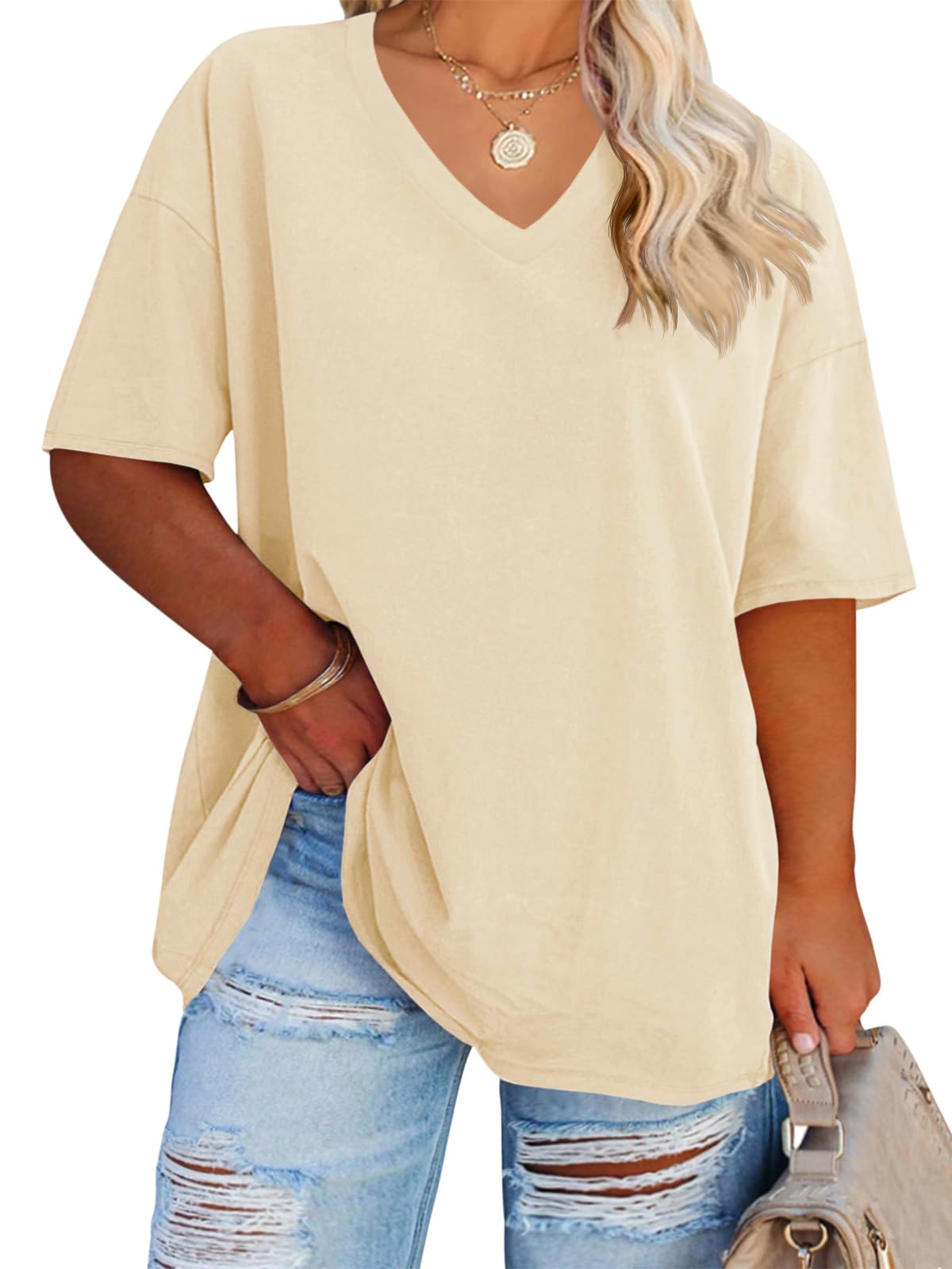 Cato Fashions Online - Women's Plus Size V-Neck Cotton T-Shirts - Summer Half Sleeve Casual Loose Fit Tunic Tops