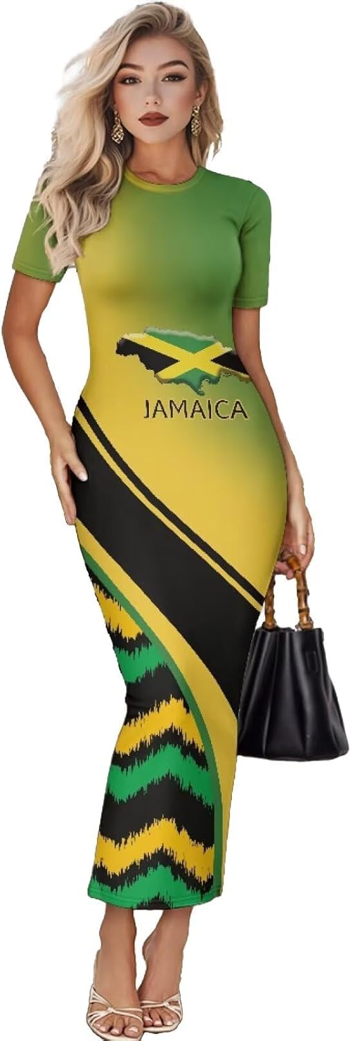Women's Jamaican Flag Bodycon Midi Dress Short Sleeve