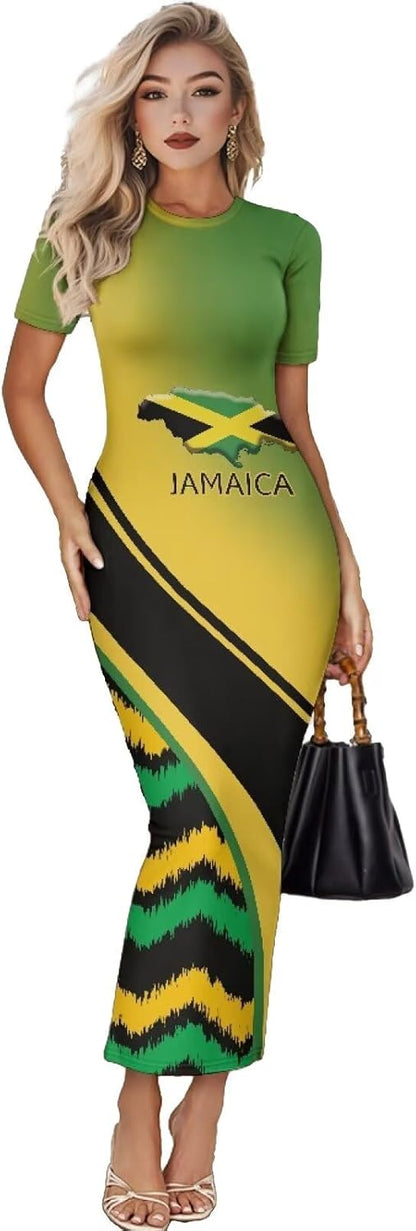 Women's Jamaican Flag Bodycon Midi Dress Short Sleeve