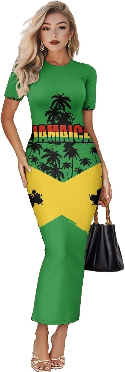Women's Jamaican Flag Bodycon Midi Dress Short Sleeve