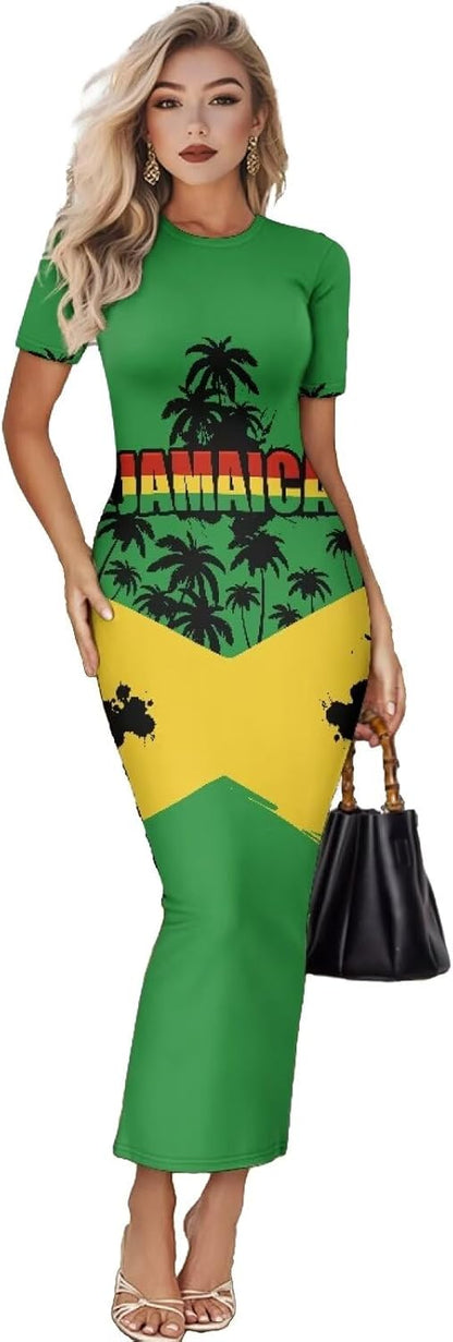 Women's Jamaican Flag Bodycon Midi Dress Short Sleeve