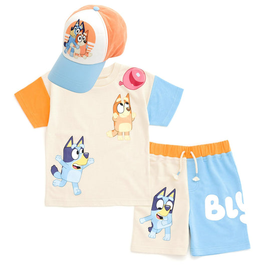 Bluey 3-Piece Kids Outfit Set - T-Shirt, Shorts & Baseball Cap for Toddlers to Big Kids