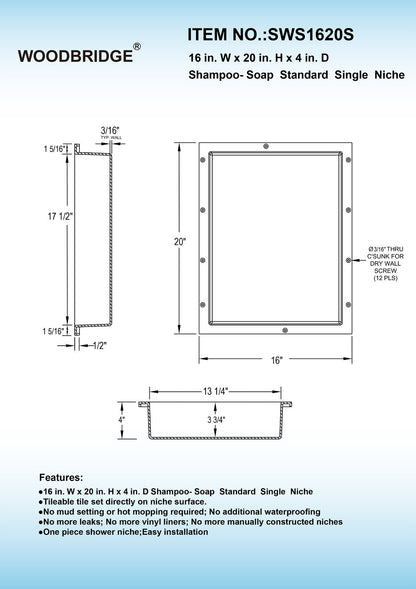 WOODBRIDGE Ready for Tile Shampoo Soap Niche, SW1620S, 16" x 20" Single Shelf