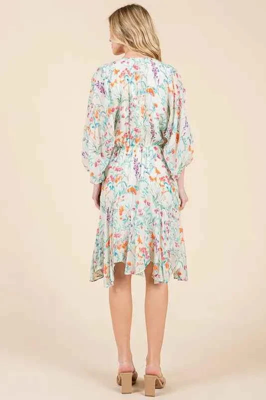 Lime and Chili Dress with Cinched Waist and Balloon Sleeves