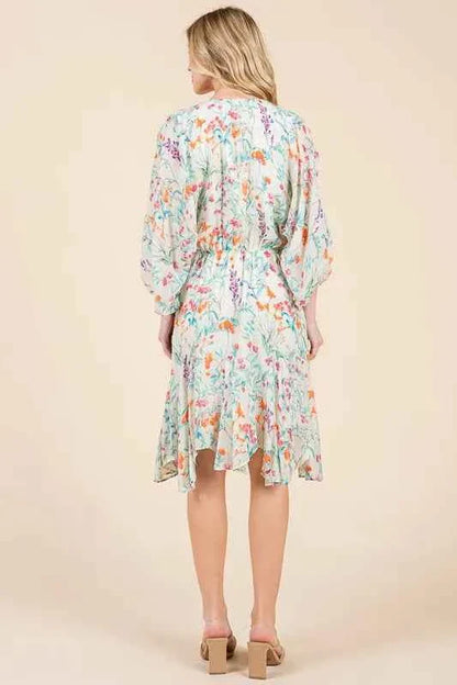 Lime and Chili Dress with Cinched Waist and Balloon Sleeves