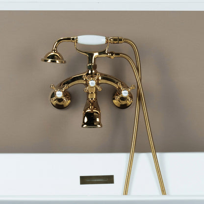 WOODBRIDGE F0030BN Wall Mount Adjustable Centers Bathtub Faucet with 3 Metal Cross Handles and Telephone Style Hand Shower and Porcelain Handle