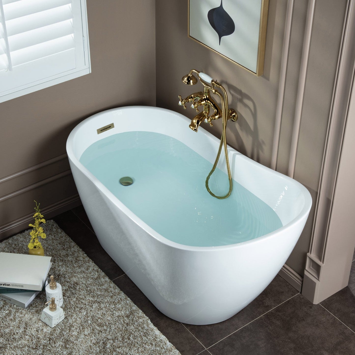 WOODBRIDGE F0030BN Wall Mount Adjustable Centers Bathtub Faucet with 3 Metal Cross Handles and Telephone Style Hand Shower and Porcelain Handle