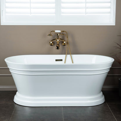 WOODBRIDGE F0030BN Wall Mount Adjustable Centers Bathtub Faucet with 3 Metal Cross Handles and Telephone Style Hand Shower and Porcelain Handle