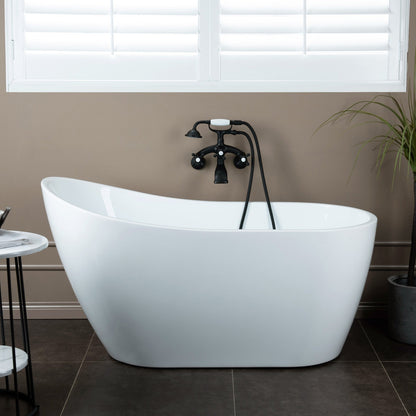 WOODBRIDGE F0030BN Wall Mount Adjustable Centers Bathtub Faucet with 3 Metal Cross Handles and Telephone Style Hand Shower and Porcelain Handle