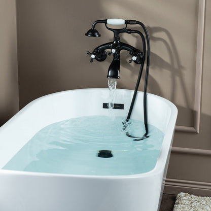 WOODBRIDGE F0030BN Wall Mount Adjustable Centers Bathtub Faucet with 3 Metal Cross Handles and Telephone Style Hand Shower and Porcelain Handle