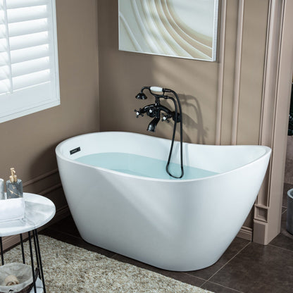 WOODBRIDGE F0030BN Wall Mount Adjustable Centers Bathtub Faucet with 3 Metal Cross Handles and Telephone Style Hand Shower and Porcelain Handle
