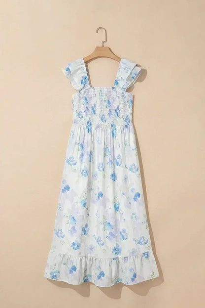 Sky Blue Floral Smocked High Waist Ruffle Sleeveless Long Dress