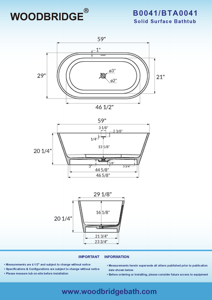 WOODBRIDGE 59 in. x 29 in. Luxury Contemporary Solid Surface Freestanding Bathtub