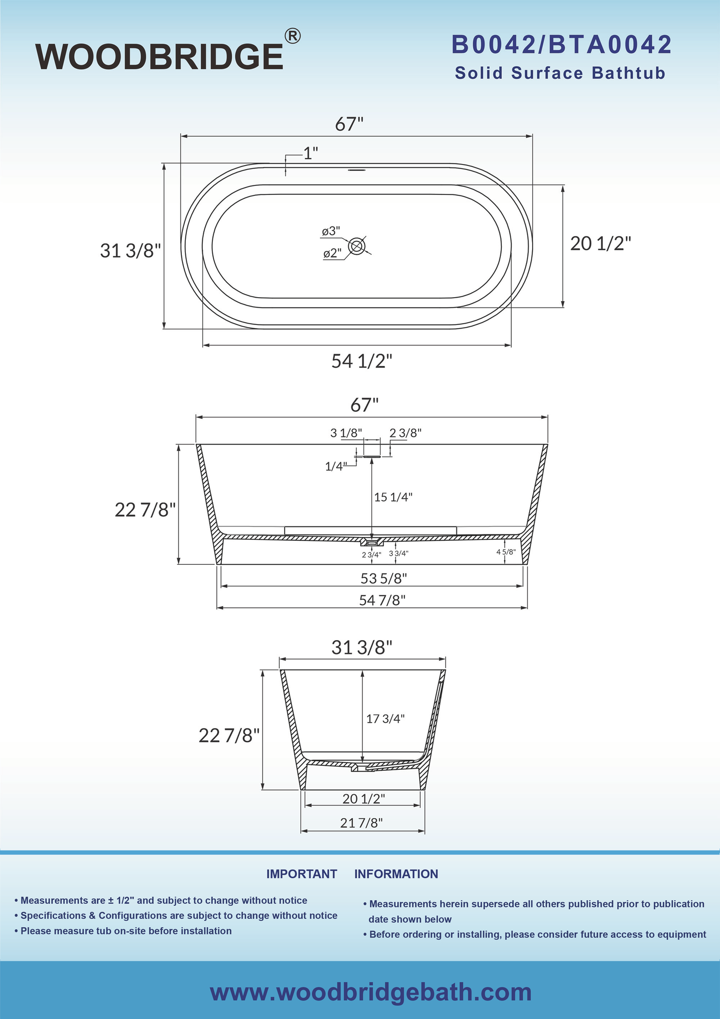 WOODBRIDGE 67 in. x 31.375 in. Luxury Contemporary Solid Surface Freestanding Bathtub