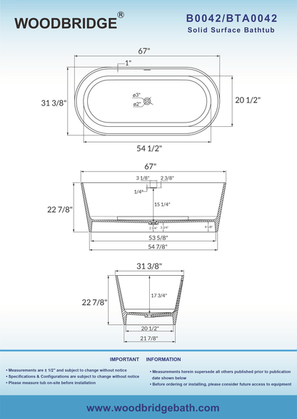 WOODBRIDGE 67 in. x 31.375 in. Luxury Contemporary Solid Surface Freestanding Bathtub
