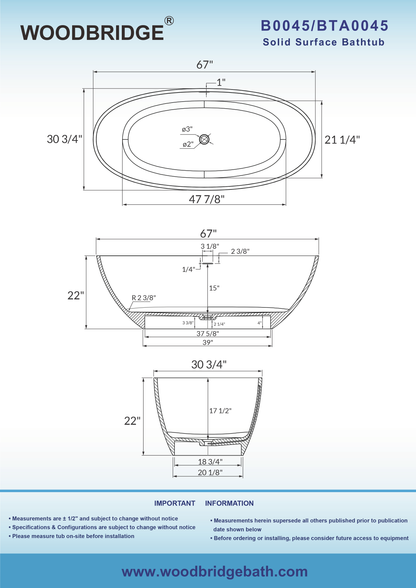 WOODBRIDGE 67 in. x 30.75 in. Luxury Contemporary Solid Surface Freestanding Bathtub