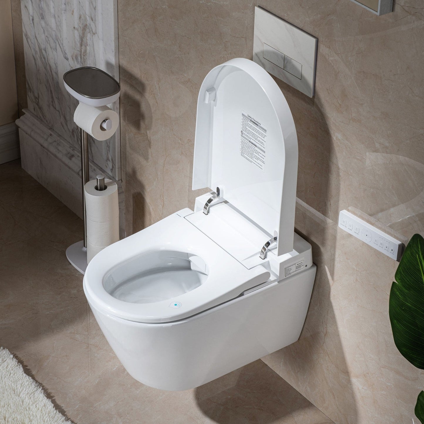 WOODBRIDGE Intelligent Compact Elongated Dual-flush wall hung toilet with Bidet Wash Function, Heated Seat & Dryer. Matching Concealed Tank system and White Marble Stone Slim Flush Plates Included.LT611 + SWHT611+FP611-WH