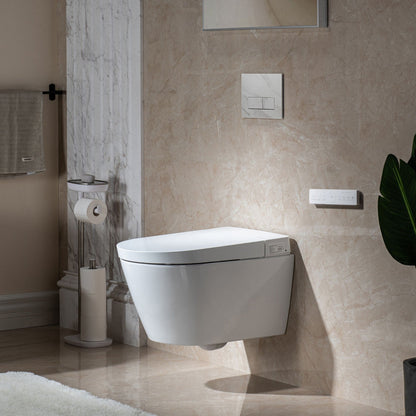 WOODBRIDGE Intelligent Compact Elongated Dual-flush wall hung toilet with Bidet Wash Function, Heated Seat & Dryer. Matching Concealed Tank system and White Marble Stone Slim Flush Plates Included.LT611 + SWHT611+FP611-WH