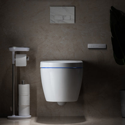 WOODBRIDGE Intelligent Compact Elongated Dual-flush wall hung toilet with Bidet Wash Function, Heated Seat & Dryer. Matching Concealed Tank system and White Marble Stone Slim Flush Plates Included.LT611 + SWHT611+FP611-WH