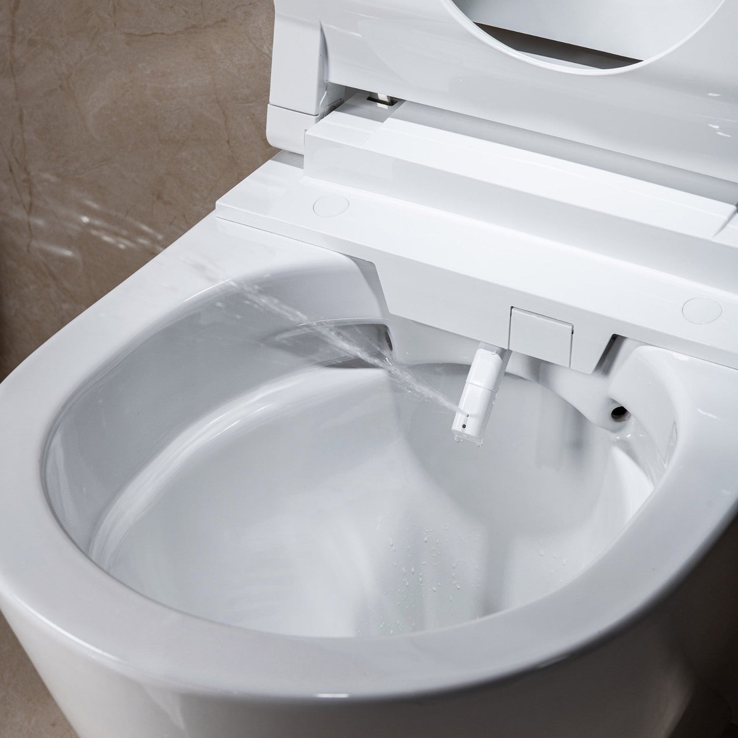 WOODBRIDGE Intelligent Compact Elongated Dual-flush wall hung toilet with Bidet Wash Function, Heated Seat & Dryer. Matching Concealed Tank system and White Marble Stone Slim Flush Plates Included.LT611 + SWHT611+FP611-WH