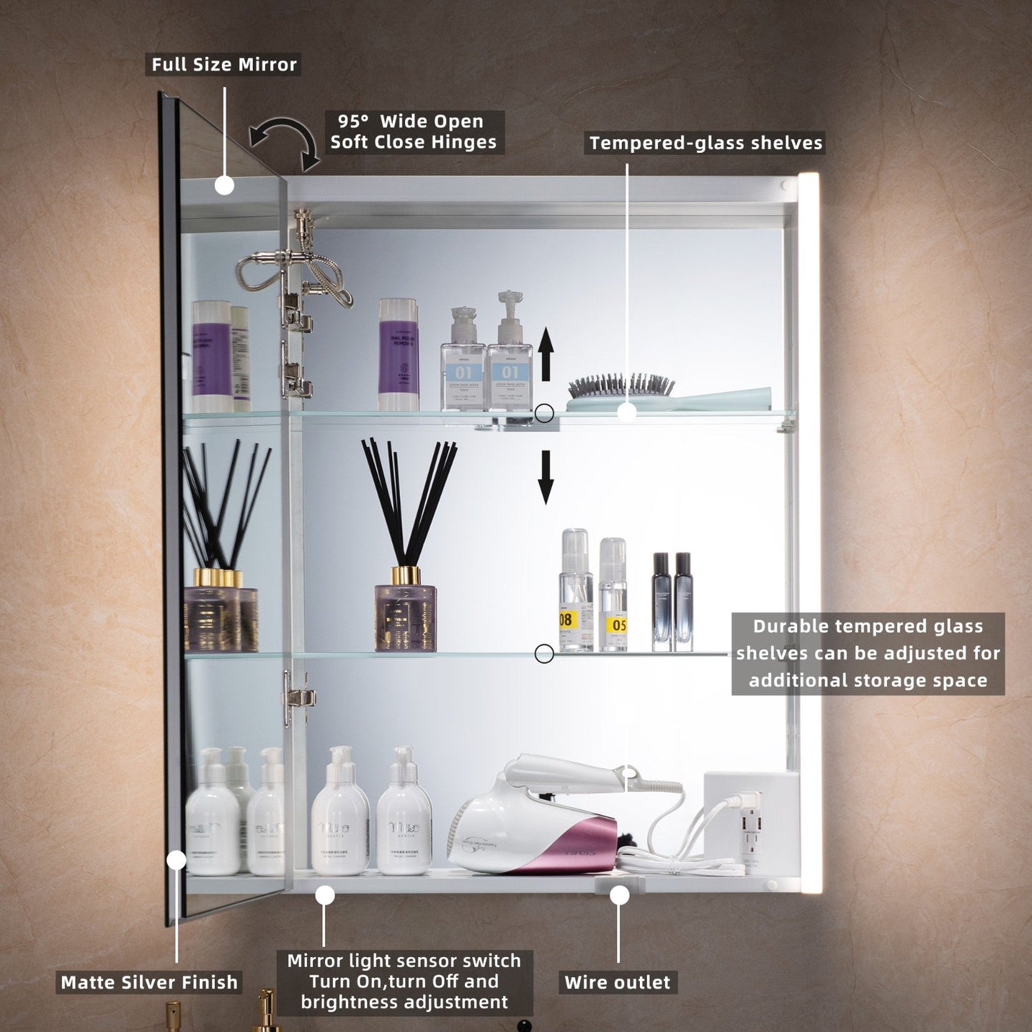 Best Seller WOODBRIDGE Contemporary 24”W X 30"H Surface Mount Frameless One Door Medicine Cabinet with Mirror Defogger and Soft Close Hinges