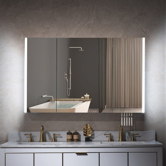 WOODBRIDGE Contemporary 48”W X 30"H Surface Mount Frameless Tri View Medicine Cabinet with Mirror Defogger and soft close Hinges