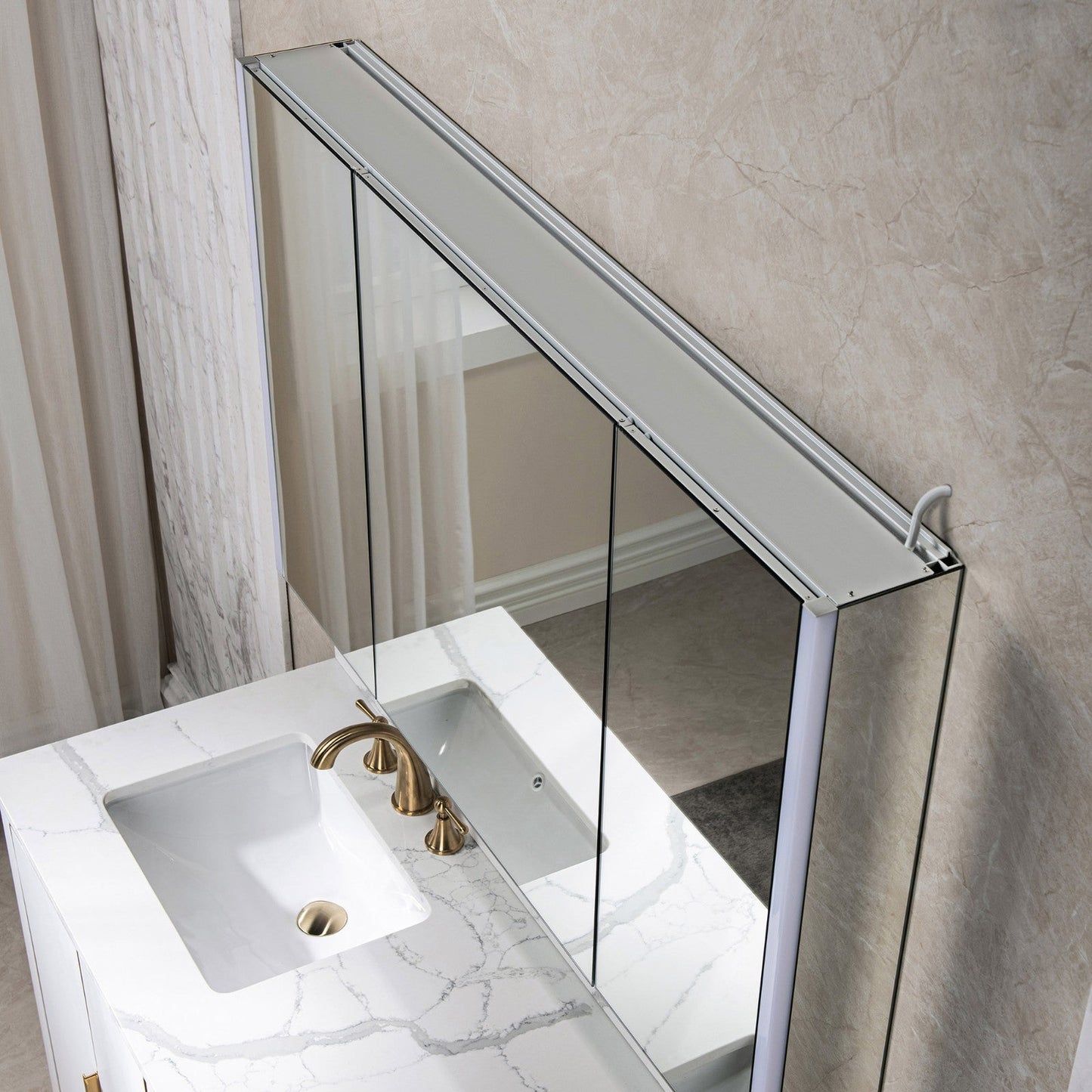 WOODBRIDGE Contemporary 48”W X 30"H Surface Mount Frameless Tri View Medicine Cabinet with Mirror Defogger and soft close Hinges