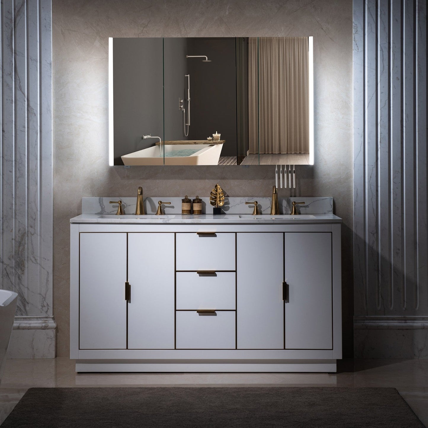 WOODBRIDGE Contemporary 48”W X 30"H Surface Mount Frameless Tri View Medicine Cabinet with Mirror Defogger and soft close Hinges