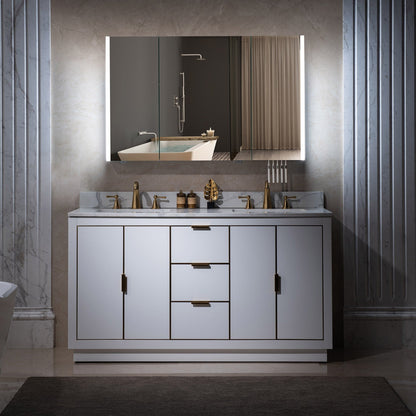 WOODBRIDGE Contemporary 48”W X 30"H Surface Mount Frameless Tri View Medicine Cabinet with Mirror Defogger and soft close Hinges
